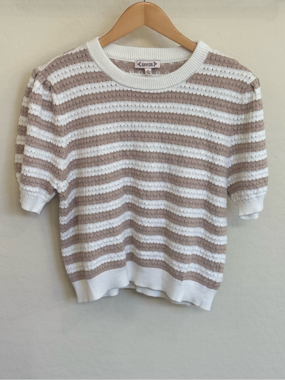 Nanette Lepore Striped Short Sleeve Knit Sweater Top Beige White Puff Sleeve XL